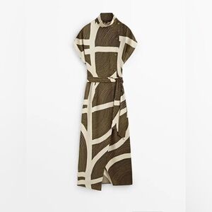 Massimo Dutti Olive & Cream Patterned High-Neck Midi Dress